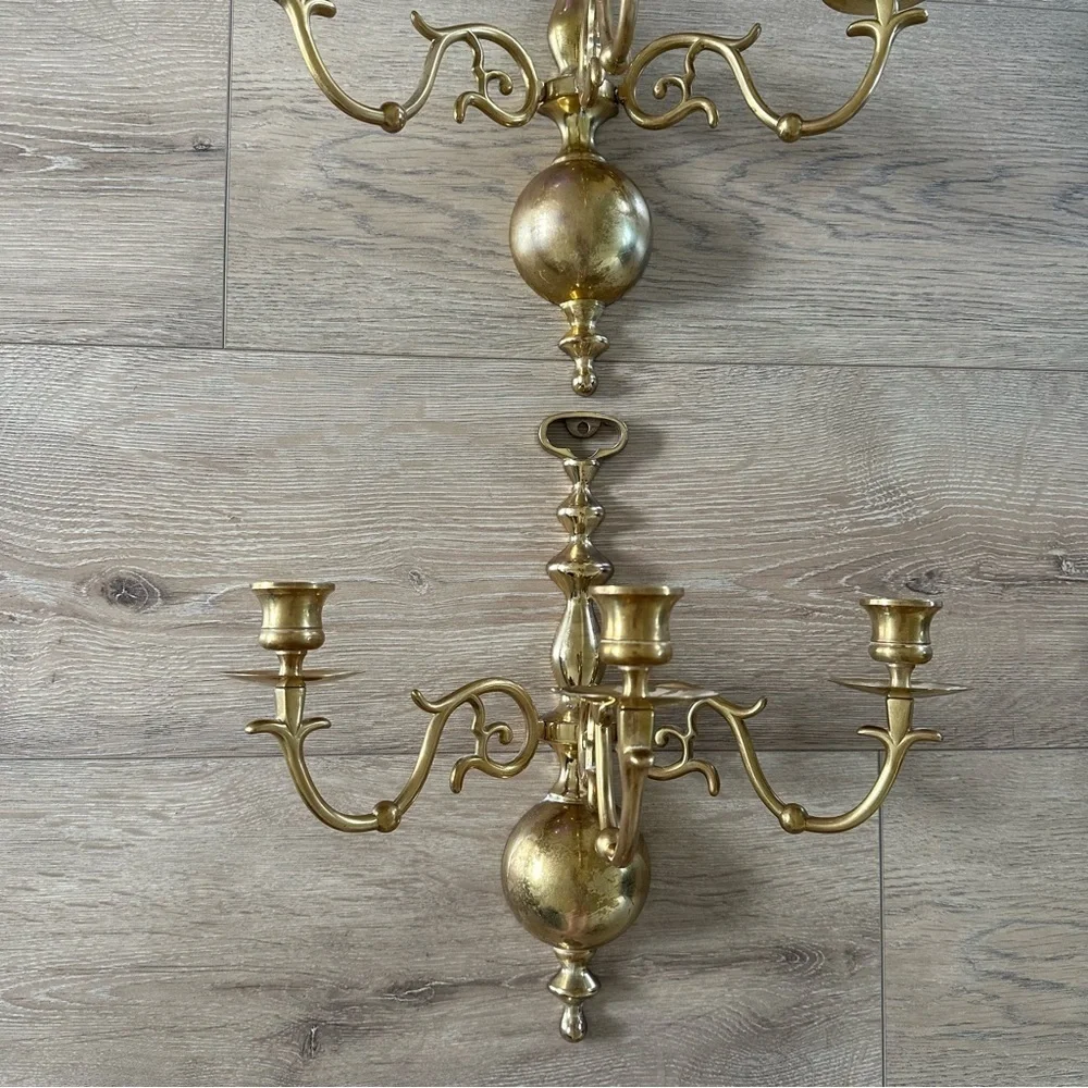 Vintage Solid Brass Three Candle Holders Wall Mount 2 As Set